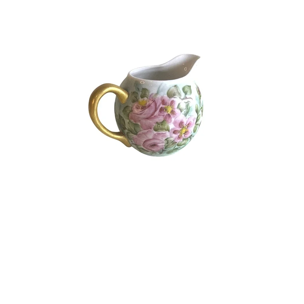 Vintage‎ Hand Painted Floral Porcelain Creamer Pink Roses Gold Handle Dainty